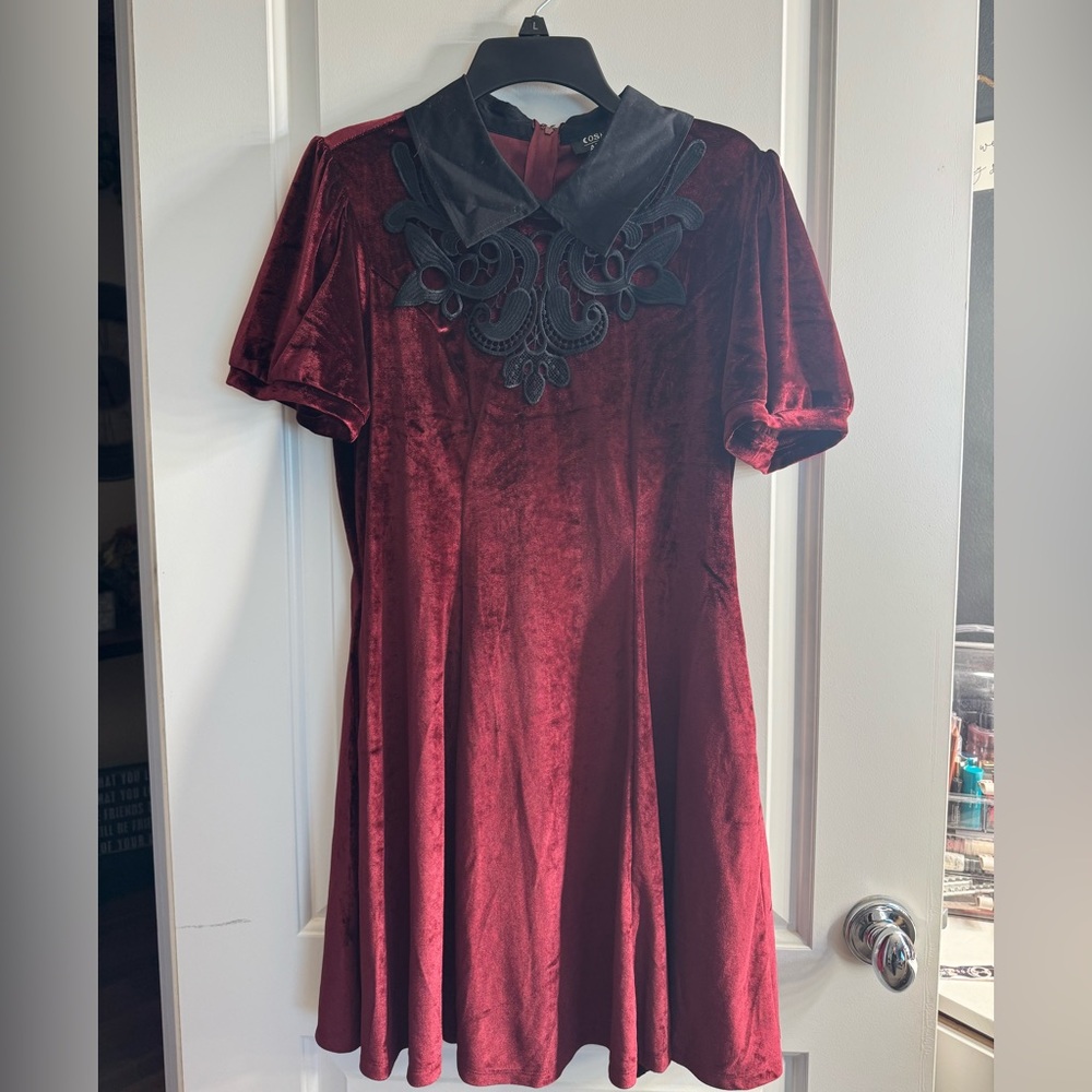 Velvet Short-Sleeve A-Line Dress in Burgundy
